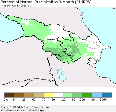 Azerbaijan, Armenia and Georgia Percent of Normal Precipitation 3-Month (CHIRPS) Thematic Map For 3/16/2023 - 6/15/2023