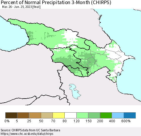 Azerbaijan, Armenia and Georgia Percent of Normal Precipitation 3-Month (CHIRPS) Thematic Map For 3/26/2023 - 6/25/2023