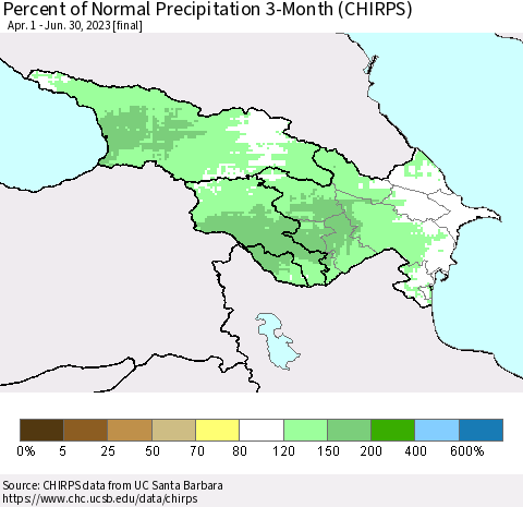 Azerbaijan, Armenia and Georgia Percent of Normal Precipitation 3-Month (CHIRPS) Thematic Map For 4/1/2023 - 6/30/2023