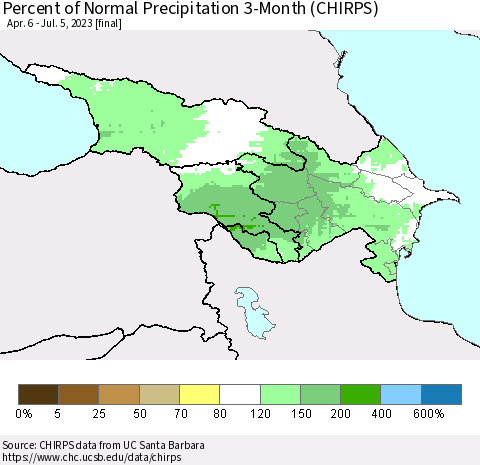 Azerbaijan, Armenia and Georgia Percent of Normal Precipitation 3-Month (CHIRPS) Thematic Map For 4/6/2023 - 7/5/2023