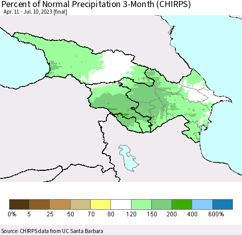 Azerbaijan, Armenia and Georgia Percent of Normal Precipitation 3-Month (CHIRPS) Thematic Map For 4/11/2023 - 7/10/2023