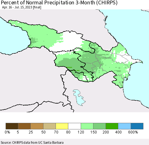 Azerbaijan, Armenia and Georgia Percent of Normal Precipitation 3-Month (CHIRPS) Thematic Map For 4/16/2023 - 7/15/2023