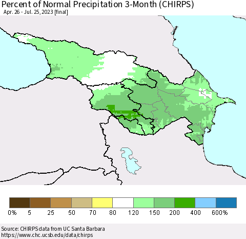 Azerbaijan, Armenia and Georgia Percent of Normal Precipitation 3-Month (CHIRPS) Thematic Map For 4/26/2023 - 7/25/2023