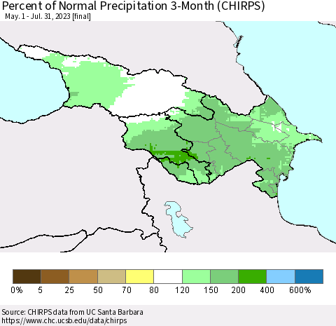 Azerbaijan, Armenia and Georgia Percent of Normal Precipitation 3-Month (CHIRPS) Thematic Map For 5/1/2023 - 7/31/2023