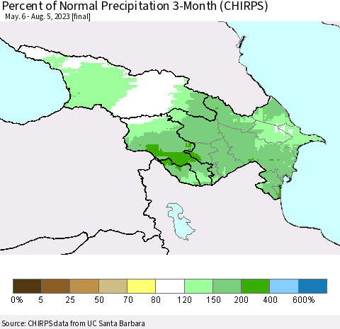 Azerbaijan, Armenia and Georgia Percent of Normal Precipitation 3-Month (CHIRPS) Thematic Map For 5/6/2023 - 8/5/2023