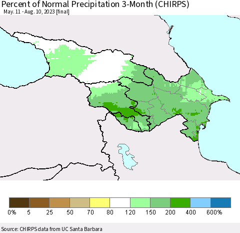 Azerbaijan, Armenia and Georgia Percent of Normal Precipitation 3-Month (CHIRPS) Thematic Map For 5/11/2023 - 8/10/2023