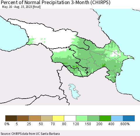Azerbaijan, Armenia and Georgia Percent of Normal Precipitation 3-Month (CHIRPS) Thematic Map For 5/16/2023 - 8/15/2023
