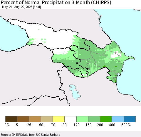 Azerbaijan, Armenia and Georgia Percent of Normal Precipitation 3-Month (CHIRPS) Thematic Map For 5/21/2023 - 8/20/2023