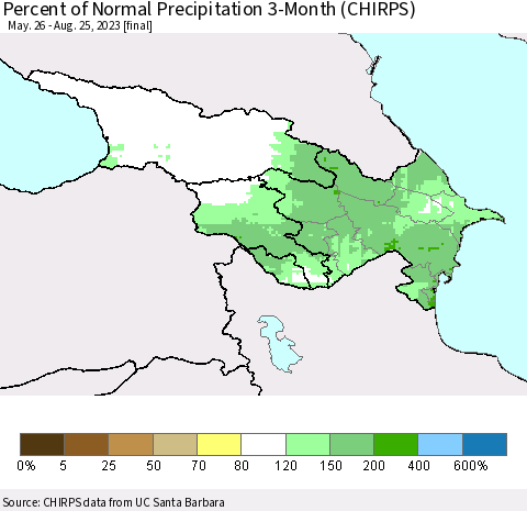 Azerbaijan, Armenia and Georgia Percent of Normal Precipitation 3-Month (CHIRPS) Thematic Map For 5/26/2023 - 8/25/2023