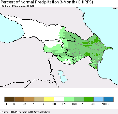 Azerbaijan, Armenia and Georgia Percent of Normal Precipitation 3-Month (CHIRPS) Thematic Map For 6/11/2023 - 9/10/2023