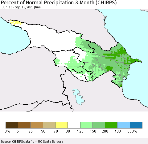Azerbaijan, Armenia and Georgia Percent of Normal Precipitation 3-Month (CHIRPS) Thematic Map For 6/16/2023 - 9/15/2023