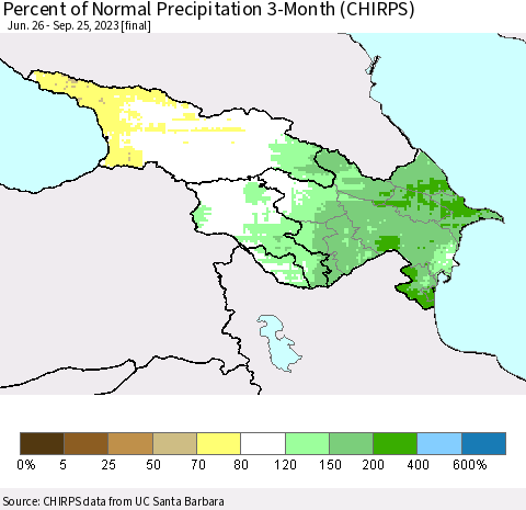 Azerbaijan, Armenia and Georgia Percent of Normal Precipitation 3-Month (CHIRPS) Thematic Map For 6/26/2023 - 9/25/2023