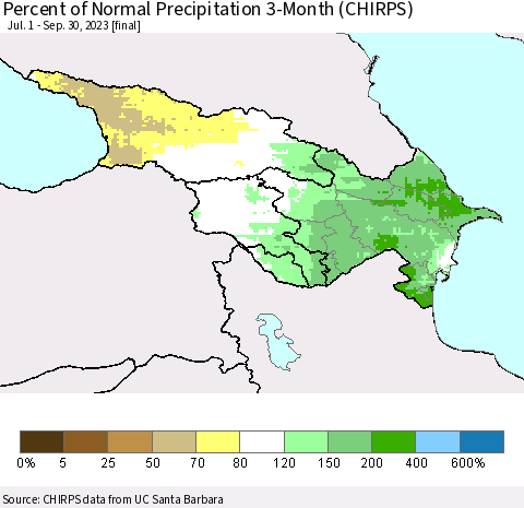Azerbaijan, Armenia and Georgia Percent of Normal Precipitation 3-Month (CHIRPS) Thematic Map For 7/1/2023 - 9/30/2023