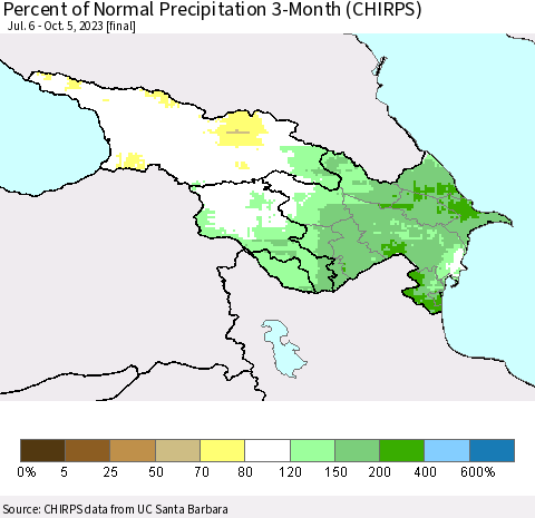 Azerbaijan, Armenia and Georgia Percent of Normal Precipitation 3-Month (CHIRPS) Thematic Map For 7/6/2023 - 10/5/2023