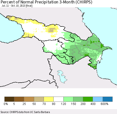Azerbaijan, Armenia and Georgia Percent of Normal Precipitation 3-Month (CHIRPS) Thematic Map For 7/11/2023 - 10/10/2023