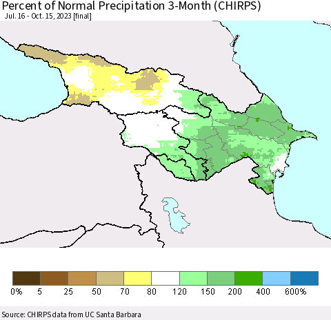 Azerbaijan, Armenia and Georgia Percent of Normal Precipitation 3-Month (CHIRPS) Thematic Map For 7/16/2023 - 10/15/2023