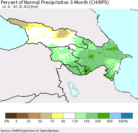 Azerbaijan, Armenia and Georgia Percent of Normal Precipitation 3-Month (CHIRPS) Thematic Map For 7/21/2023 - 10/20/2023