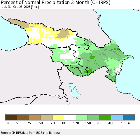 Azerbaijan, Armenia and Georgia Percent of Normal Precipitation 3-Month (CHIRPS) Thematic Map For 7/26/2023 - 10/25/2023