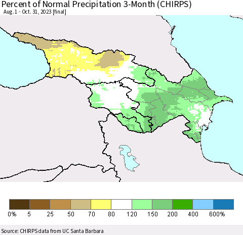Azerbaijan, Armenia and Georgia Percent of Normal Precipitation 3-Month (CHIRPS) Thematic Map For 8/1/2023 - 10/31/2023