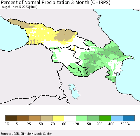 Azerbaijan, Armenia and Georgia Percent of Normal Precipitation 3-Month (CHIRPS) Thematic Map For 8/6/2023 - 11/5/2023