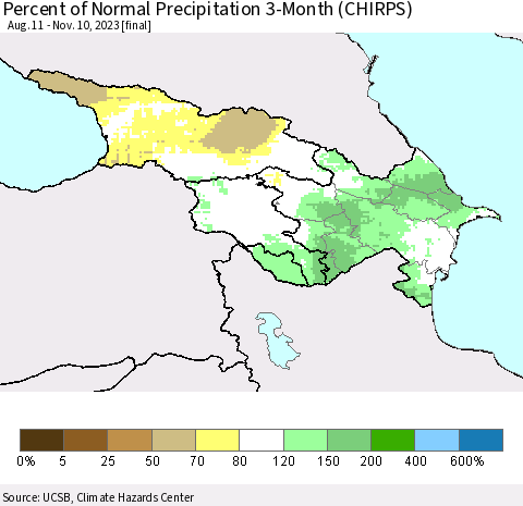 Azerbaijan, Armenia and Georgia Percent of Normal Precipitation 3-Month (CHIRPS) Thematic Map For 8/11/2023 - 11/10/2023