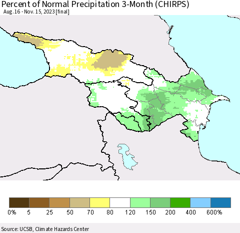 Azerbaijan, Armenia and Georgia Percent of Normal Precipitation 3-Month (CHIRPS) Thematic Map For 8/16/2023 - 11/15/2023