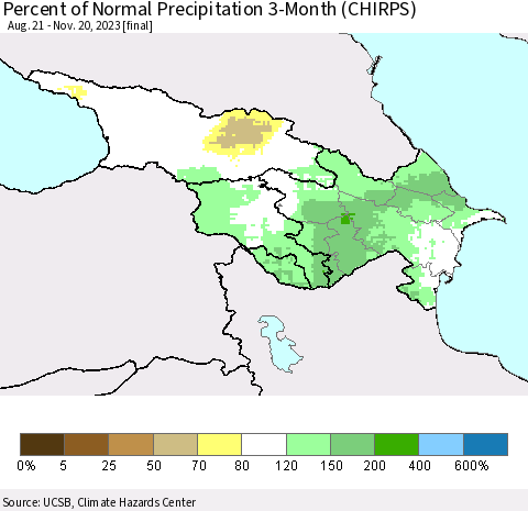 Azerbaijan, Armenia and Georgia Percent of Normal Precipitation 3-Month (CHIRPS) Thematic Map For 8/21/2023 - 11/20/2023