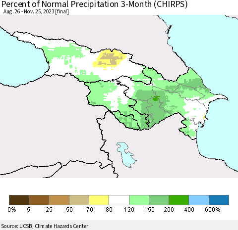 Azerbaijan, Armenia and Georgia Percent of Normal Precipitation 3-Month (CHIRPS) Thematic Map For 8/26/2023 - 11/25/2023