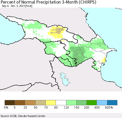 Azerbaijan, Armenia and Georgia Percent of Normal Precipitation 3-Month (CHIRPS) Thematic Map For 9/6/2023 - 12/5/2023