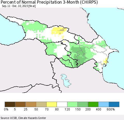 Azerbaijan, Armenia and Georgia Percent of Normal Precipitation 3-Month (CHIRPS) Thematic Map For 9/11/2023 - 12/10/2023