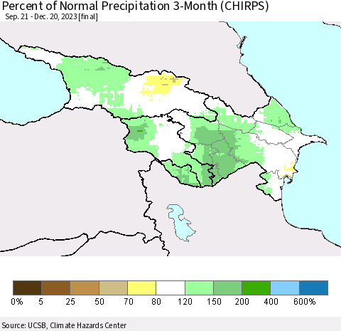 Azerbaijan, Armenia and Georgia Percent of Normal Precipitation 3-Month (CHIRPS) Thematic Map For 9/21/2023 - 12/20/2023