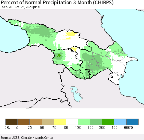 Azerbaijan, Armenia and Georgia Percent of Normal Precipitation 3-Month (CHIRPS) Thematic Map For 9/26/2023 - 12/25/2023