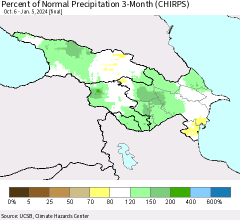 Azerbaijan, Armenia and Georgia Percent of Normal Precipitation 3-Month (CHIRPS) Thematic Map For 10/6/2023 - 1/5/2024