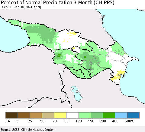 Azerbaijan, Armenia and Georgia Percent of Normal Precipitation 3-Month (CHIRPS) Thematic Map For 10/11/2023 - 1/10/2024