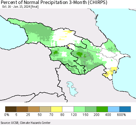 Azerbaijan, Armenia and Georgia Percent of Normal Precipitation 3-Month (CHIRPS) Thematic Map For 10/16/2023 - 1/15/2024