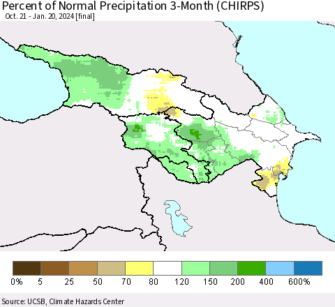 Azerbaijan, Armenia and Georgia Percent of Normal Precipitation 3-Month (CHIRPS) Thematic Map For 10/21/2023 - 1/20/2024