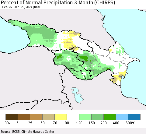 Azerbaijan, Armenia and Georgia Percent of Normal Precipitation 3-Month (CHIRPS) Thematic Map For 10/26/2023 - 1/25/2024