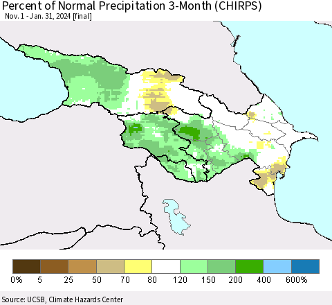 Azerbaijan, Armenia and Georgia Percent of Normal Precipitation 3-Month (CHIRPS) Thematic Map For 11/1/2023 - 1/31/2024