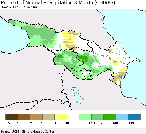 Azerbaijan, Armenia and Georgia Percent of Normal Precipitation 3-Month (CHIRPS) Thematic Map For 11/6/2023 - 2/5/2024