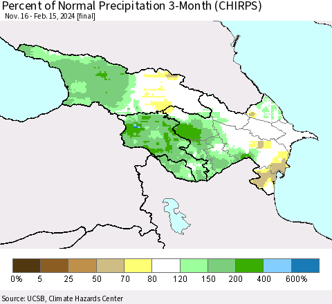 Azerbaijan, Armenia and Georgia Percent of Normal Precipitation 3-Month (CHIRPS) Thematic Map For 11/16/2023 - 2/15/2024