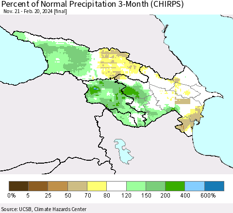 Azerbaijan, Armenia and Georgia Percent of Normal Precipitation 3-Month (CHIRPS) Thematic Map For 11/21/2023 - 2/20/2024