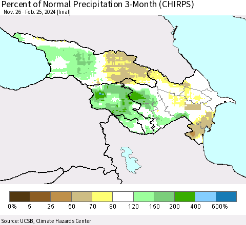 Azerbaijan, Armenia and Georgia Percent of Normal Precipitation 3-Month (CHIRPS) Thematic Map For 11/26/2023 - 2/25/2024