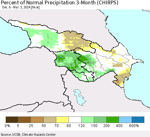 Azerbaijan, Armenia and Georgia Percent of Normal Precipitation 3-Month (CHIRPS) Thematic Map For 12/6/2023 - 3/5/2024