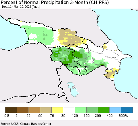 Azerbaijan, Armenia and Georgia Percent of Normal Precipitation 3-Month (CHIRPS) Thematic Map For 12/11/2023 - 3/10/2024