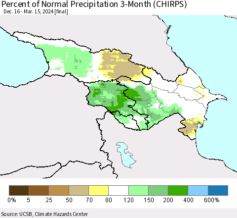 Azerbaijan, Armenia and Georgia Percent of Normal Precipitation 3-Month (CHIRPS) Thematic Map For 12/16/2023 - 3/15/2024