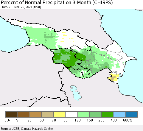 Azerbaijan, Armenia and Georgia Percent of Normal Precipitation 3-Month (CHIRPS) Thematic Map For 12/21/2023 - 3/20/2024