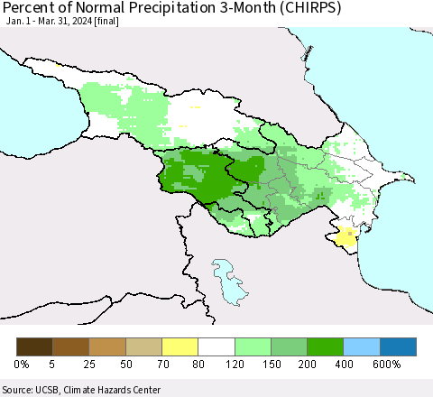 Azerbaijan, Armenia and Georgia Percent of Normal Precipitation 3-Month (CHIRPS) Thematic Map For 1/1/2024 - 3/31/2024