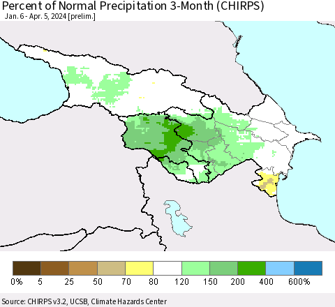 Azerbaijan, Armenia and Georgia Percent of Normal Precipitation 3-Month (CHIRPS) Thematic Map For 1/6/2024 - 4/5/2024