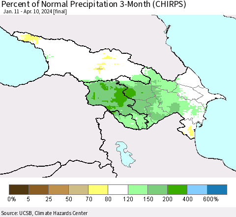 Azerbaijan, Armenia and Georgia Percent of Normal Precipitation 3-Month (CHIRPS) Thematic Map For 1/11/2024 - 4/10/2024