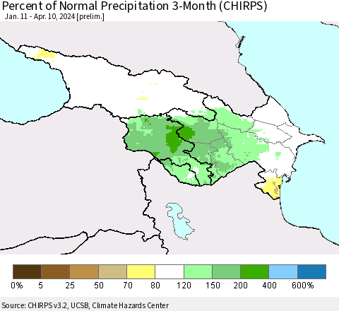Azerbaijan, Armenia and Georgia Percent of Normal Precipitation 3-Month (CHIRPS) Thematic Map For 1/11/2024 - 4/10/2024